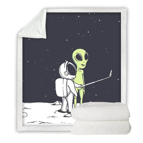 Image of Funny Alien And Astronaut Take Picture Cozy Soft Sherpa Blanket