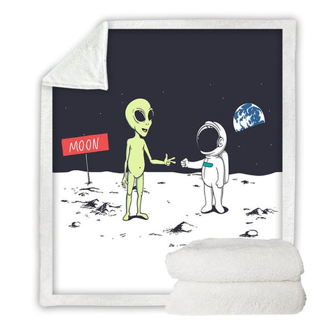 Image of Funny Alien And Astronaut On The Moon Cozy Soft Sherpa Blanket