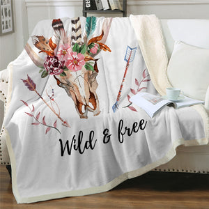 Boho Watercolor Skull Flowers Crown Cozy Soft Sherpa Blanket