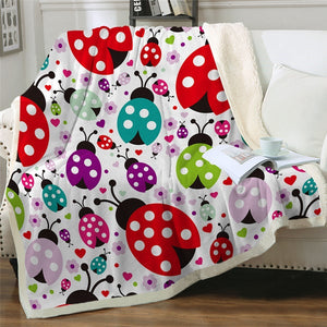 Cute Colorful Cartoon Ladybugs Pattern Soft Sherpa Blanket