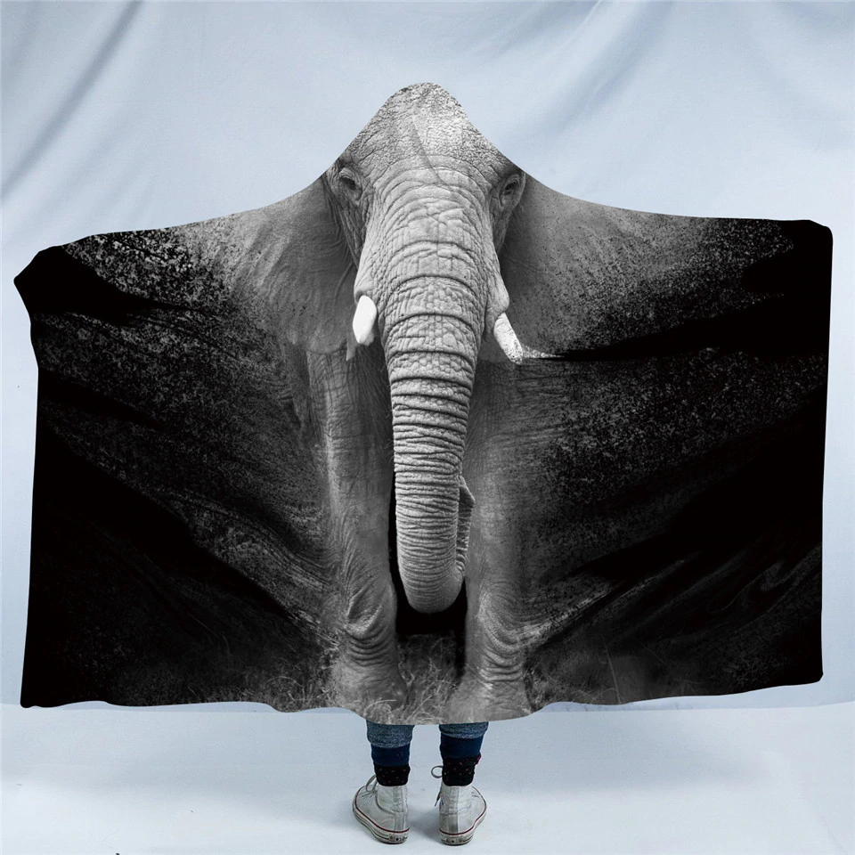 3D Elephant B&W Hooded Blanket