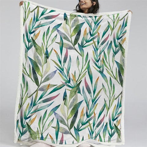 Image of Watercolor Green Leaves Pattern Soft Sherpa Blanket