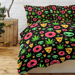 Alien Bedding Set Food Colorful with Pillow Covers Donuts Pizza Home Textiles Marijuana Leaf