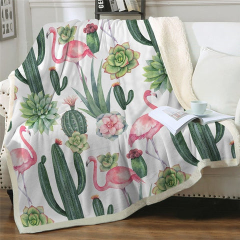 Image of Watercolor Flamingo Cactus Pattern Cozy Soft Sherpa Blanket