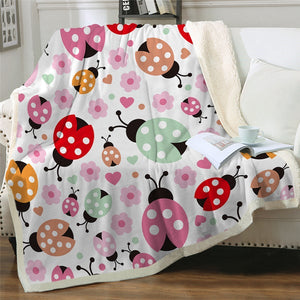 Cute Colorful Cartoon Ladybugs Flowers Pattern Soft Sherpa Blanket