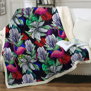 Colorful Flamingo And Flowers Cozy Soft Sherpa Blanket
