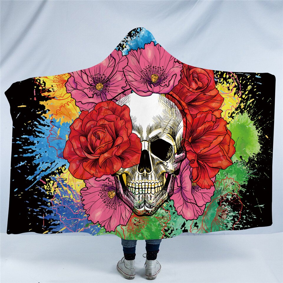 Flowered Skull Hooded Blanket