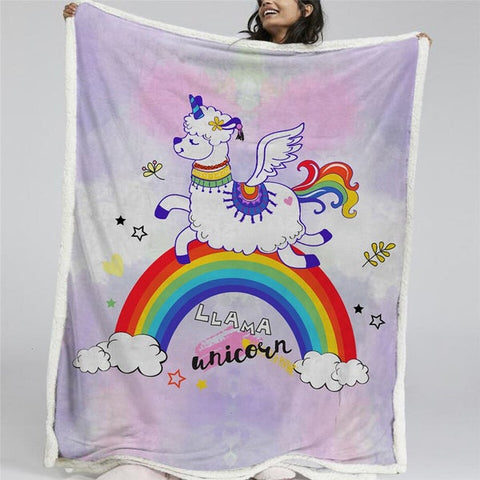 Image of Llama Unicorn And Rainbow Bridge Soft Sherpa Blanket
