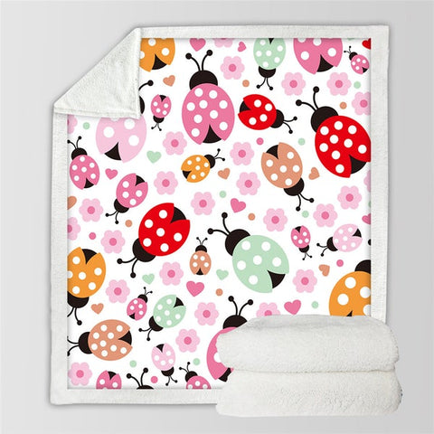 Image of Cute Colorful Cartoon Ladybugs Flowers Pattern Soft Sherpa Blanket