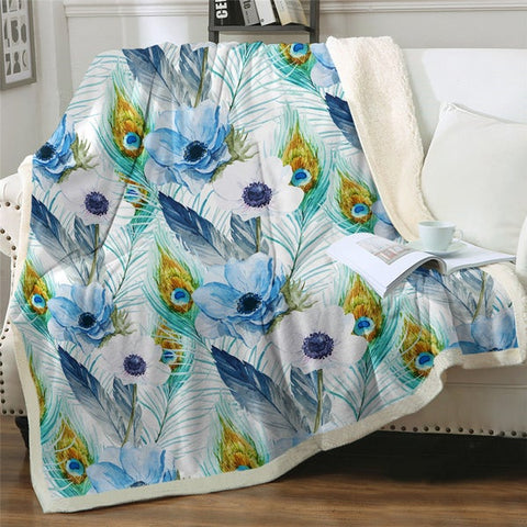 Image of Watercolor Peacock Feathers Flowers Pattern Soft Sherpa Blanket