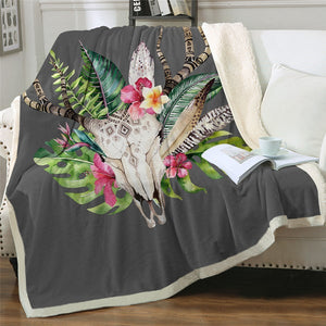 Deer Skull With Flowers Crown Cozy Soft Sherpa Blanket