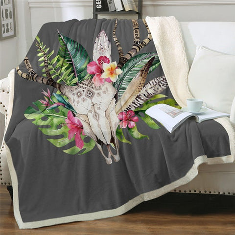 Image of Deer Skull With Flowers Crown Cozy Soft Sherpa Blanket