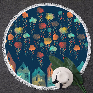 Colorful Rainy Clouds  Round Beach Towel