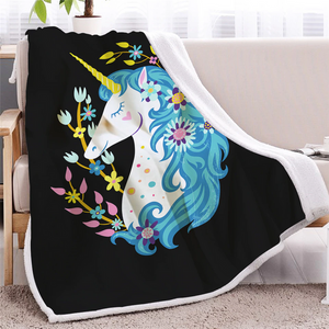 Lovely Unicorn Blue Hair Floral Soft Sherpa Blanket