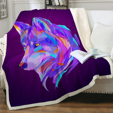 Image of Watercolor Artistic Wolf Purple Cozy Soft Sherpa Blanket