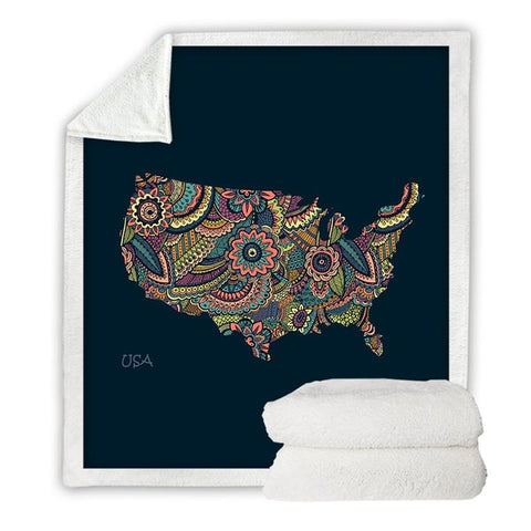 Image of America Map Floral Pattern Cozy Soft Sherpa Blanket