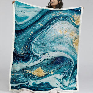 Luxury Turquoise Golden Marble Bubbles Soft Sherpa Blanket