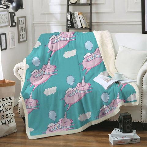 Image of Funny Flying Pig Balloon Pattern Cozy Soft Sherpa Blanket