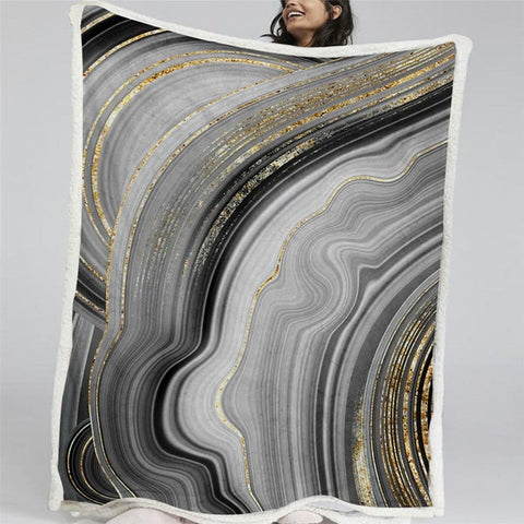 Image of Luxury Sparkly Golden Line Gray Marble Soft Sherpa Blanket