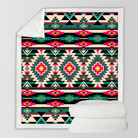 Image of Green Red Geometric Pattern Microfiber Soft Sherpa Blanket