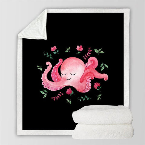 Image of Cute Pink Cartoon Octopus Cozy Soft Sherpa Blanket