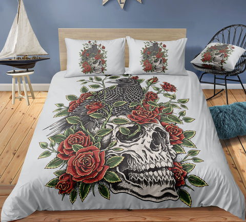Image of Vintage Roses Skull White Bedding Set