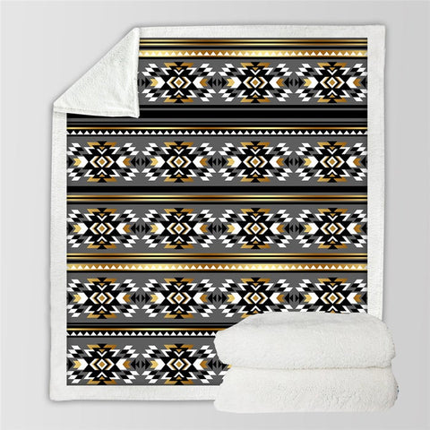 Image of Golden Black Grey Geometric Pattern Soft Sherpa Blanket