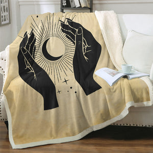 Vintage Witchcraft Hands Hold The Moon Cozy Soft Sherpa Blanket