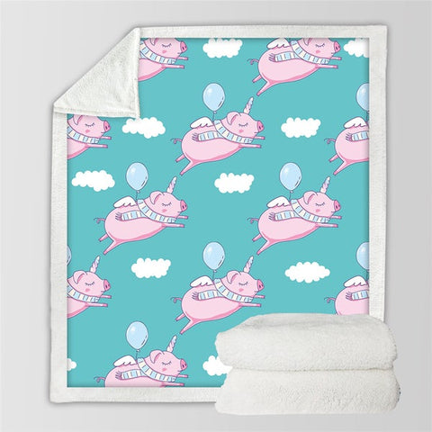 Image of Funny Flying Pig Balloon Pattern Cozy Soft Sherpa Blanket