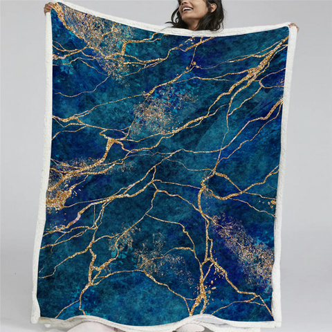 Image of Luxury Deep Blue Marble Golden Lines Soft Sherpa Blanket