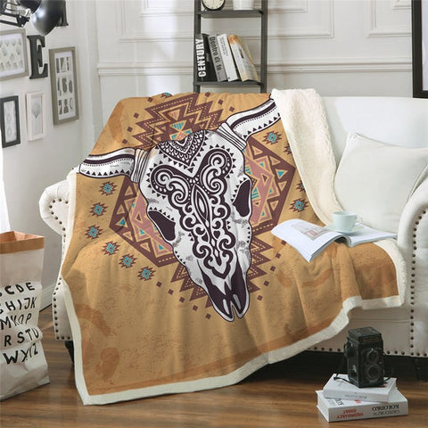 Image of Artistic Patterned Buffalo Skull Cozy Soft Sherpa Blanket