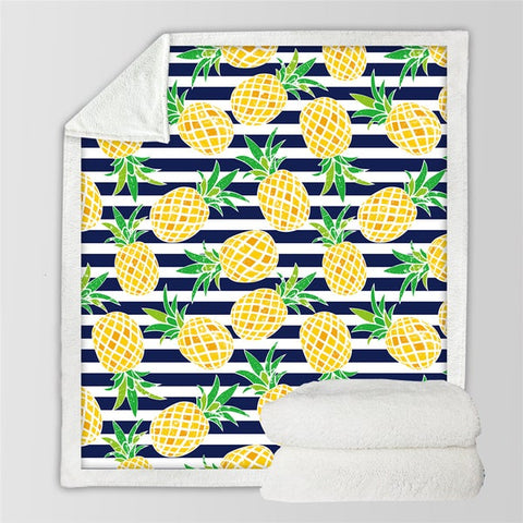 Image of Tropical Fruits Pineapples Stripes Pattern Soft Sherpa Blanket