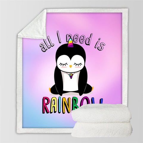 Image of All I Need Is Rainbow Cartoon Penguin Cozy Soft Sherpa Blanket