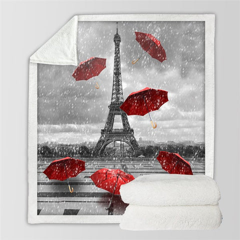 Image of Red Umbrellas Paris Eiffel Tower Cozy Soft Sherpa Blanket