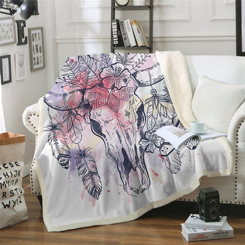 Image of Watercolor Buffalo Skull Feathers Cozy Soft Sherpa Blanket