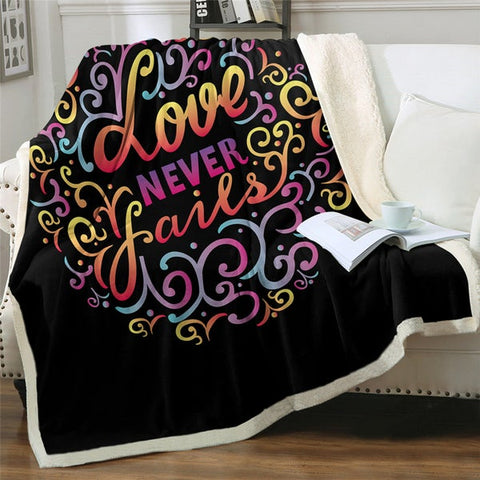 Image of Love Never Fails Quotes Letter Cozy Soft Sherpa Blanket