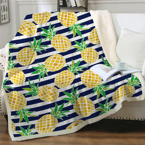 Tropical Fruits Pineapples Stripes Pattern Soft Sherpa Blanket