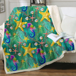 Watercolor Starfish Seahorse Soft Sherpa Blanket