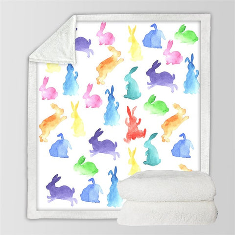 Image of Watercolor Colorful Rabbit Cozy Soft Sherpa Blanket