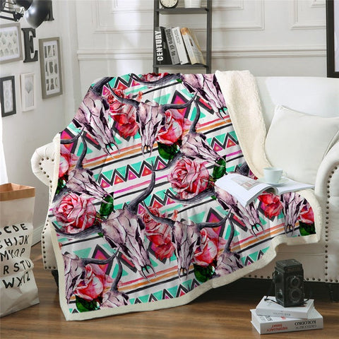 Image of Skulls And Roses Pattern Cozy Soft Sherpa Blanket