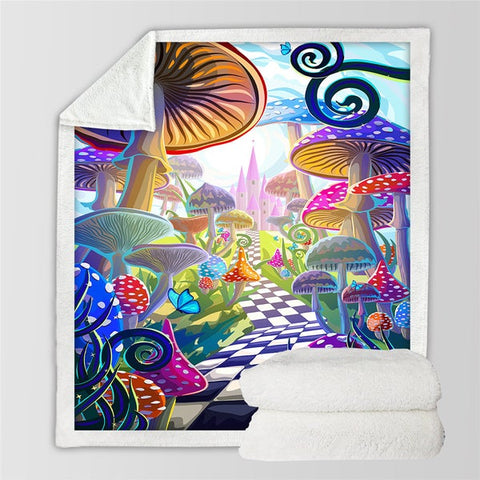 Image of Beautiful Magical Colorful Mushrooms Castle Cozy Soft Sherpa Blanket