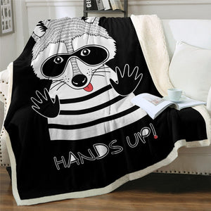 Hands Up Cute Raccoon Cozy Soft Sherpa Blanket