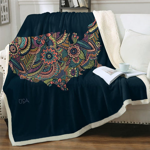 Image of America Map Floral Pattern Cozy Soft Sherpa Blanket