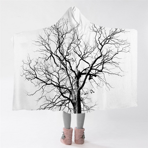 B&W Dried Tree Hooded Blanket