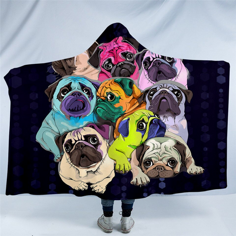 Image of Colored Pug Black Hooded Blanket