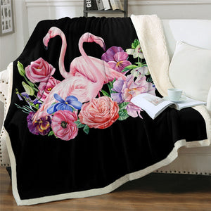 Watercolor Flamingo Couple Flowers Cozy Soft Sherpa Blanket