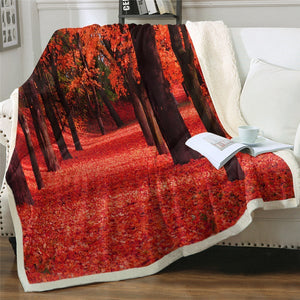 Scenery Red Leaves Tree Road Cozy Soft Sherpa Blanket