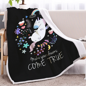 Dreamy Unicorn Floral Black Soft Sherpa Blanket