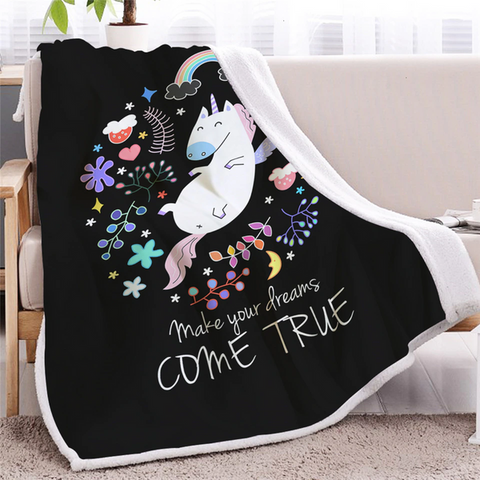 Image of Dreamy Unicorn Floral Black Soft Sherpa Blanket