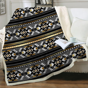 Golden Black Grey Geometric Pattern Soft Sherpa Blanket